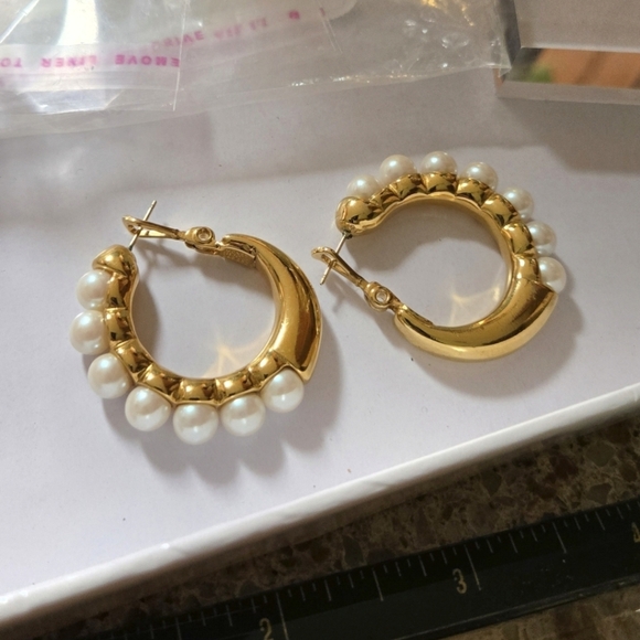 Monet Gold Tone Pearl Hoop Earrings - Picture 16 of 16